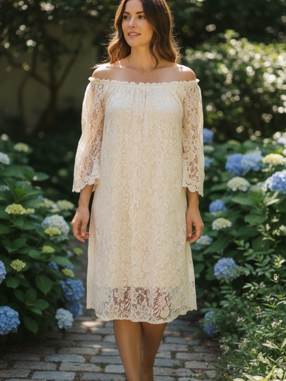 Umgee Cream Lace Off-the-Shoulder A-Line Pullover Mini Dress Size M NWT